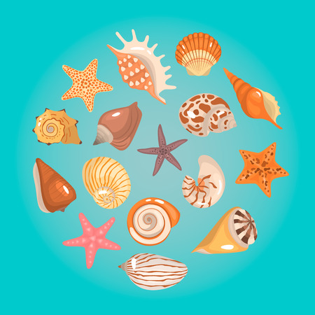 Sea shells and starfish color cartoon icons setのイラスト素材