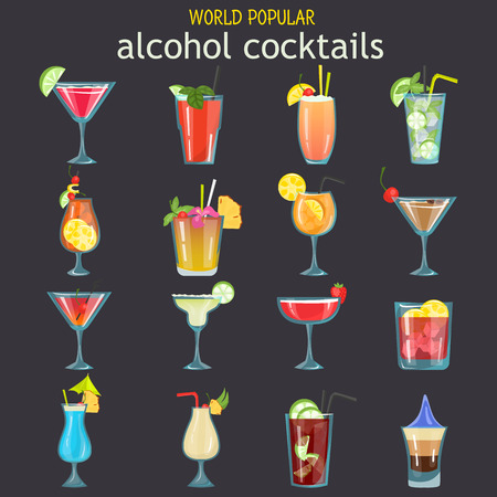 World popular alcohol cocktails color flat icons setのイラスト素材