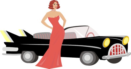 Lady in evening dress next  to a car のイラスト素材