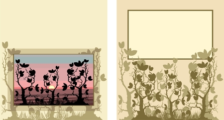 set of postcards with plant elements, and landscapeのイラスト素材