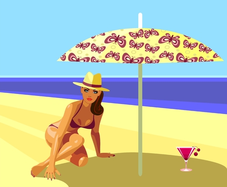 Girl with a cocktail on the beachのイラスト素材