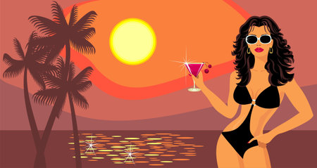 Girl with a cocktail on the beach.のイラスト素材