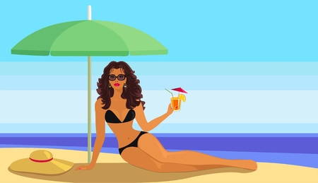 Girl with a cocktail on the beach.のイラスト素材