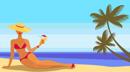 Girl with a cocktail on the beach.のイラスト素材