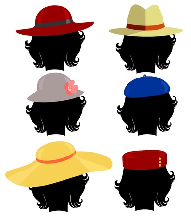 silhouette of the girl's head in different hatsのイラスト素材