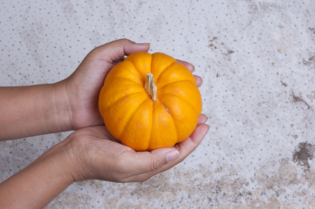 Hand holding pumpkin On the old wooden floorの写真素材