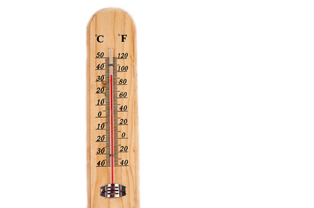 Wooden thermometer on white backgroundの写真素材