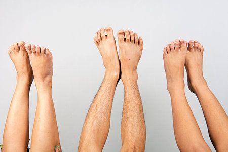 Top View Bare Foot Between  Woman and young boy on white background.の写真素材