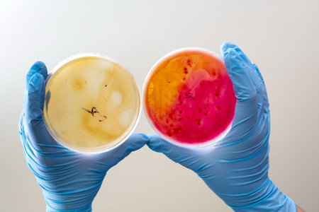 Laboratory technician testing for bacterial infection. Lab worker analyzes test samples in Petri...