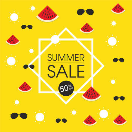 Summer Sale banner with pieces of ripe watermelon, bright design. Vector illustrationのイラスト素材