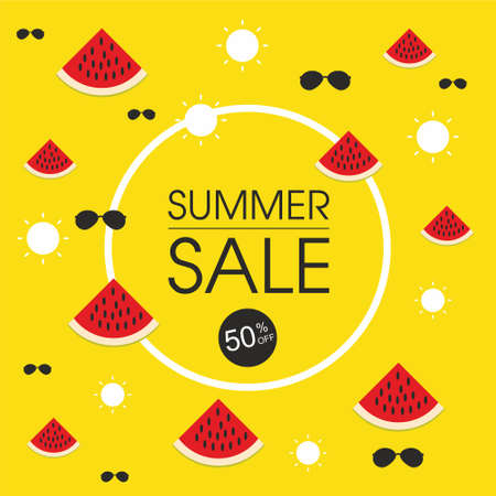 Summer Sale banner with pieces of ripe watermelon, bright design. Vector illustrationのイラスト素材