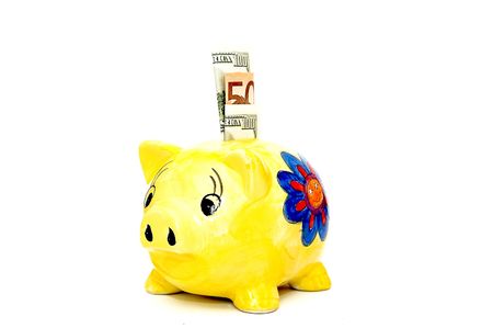 Dollar,euro and piggy isolated on white background.の写真素材