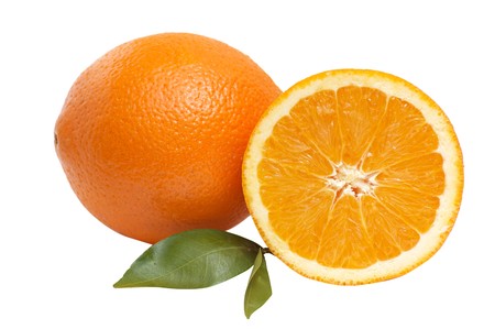 Ripe, juicy  oranges with green leaves isolated on a white background.の写真素材