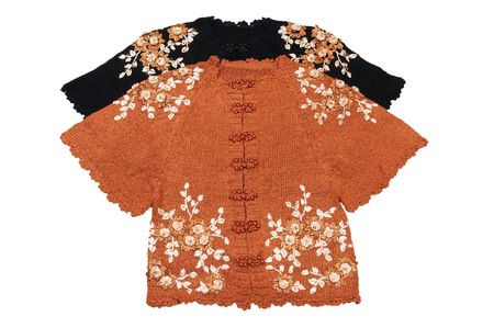 Two modern black lacy blouses isolated on a white background.の写真素材