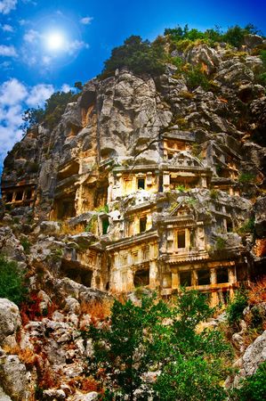 Antique,historical tombs  in the mountains near Myra town. Turkey.
の写真素材