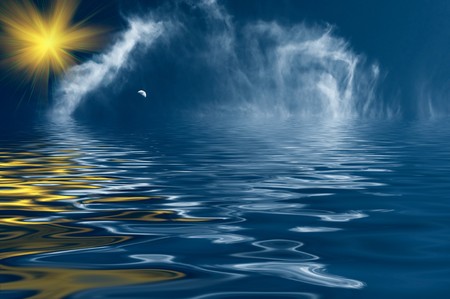 Nice  blue sky with clouds and moon with  fun sun.
の写真素材