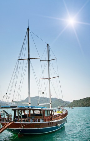 Bay in mediterranean sea with yachts in the Kekova. Turkey.の写真素材