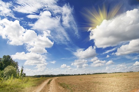 Amazing rural landscape with fun sun in the blue sky.の写真素材