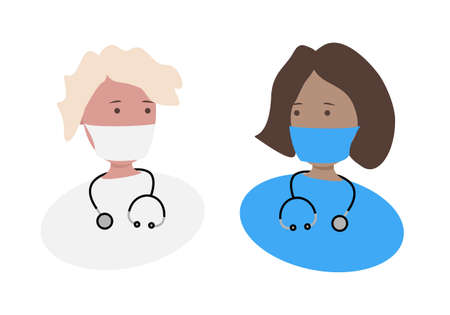 Friendly female doctors with masks. Vector character iconsのイラスト素材