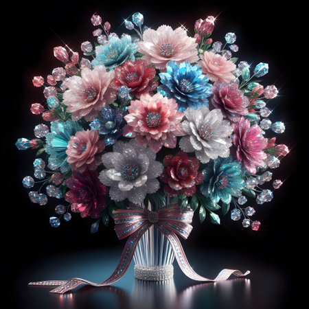 realistic image of a bouquet of flowers made of diamonds on white backgroundの素材