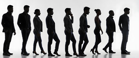 Silhouette of a man and a woman standing in a line, full body illustrationの素材