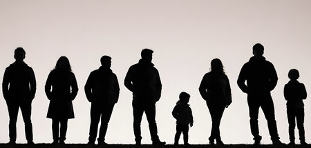 Silhouette of men and women standing in a line, full body illustrationの素材