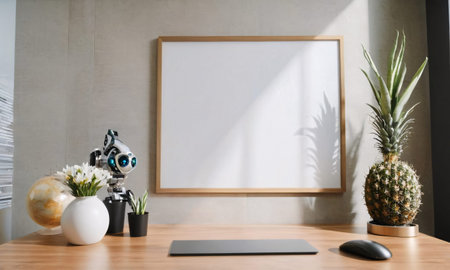 Blank white poster mockup on the wooden table in modern officeの素材