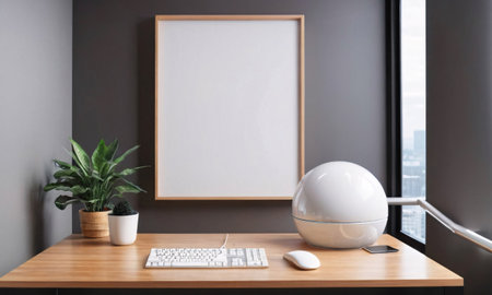 Office workplace with blank poster on wall. Mock up, 3D Renderingの素材