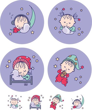 4 different color drawings of sleeping children on a purple background and starsのイラスト素材