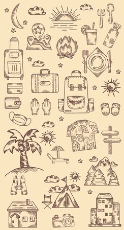 Set of hand drawings road, travel, transport, vacation. Vintage. Doodle lineのイラスト素材