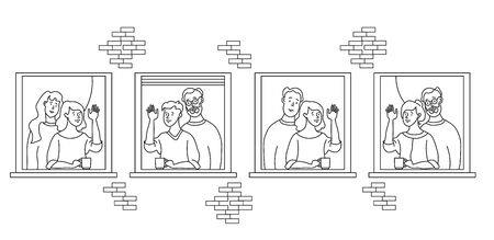 elderly couple looking for a house. windows with people neighbors. elderly and young married couples, non-traditional couple, he and he, she and she, friends. Self-isolation, quarantine. Outline drawingのイラスト素材