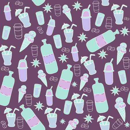 Seamless pattern of icons of glasses, cocktails and bottles. Vector outline illustration on bright background.のイラスト素材