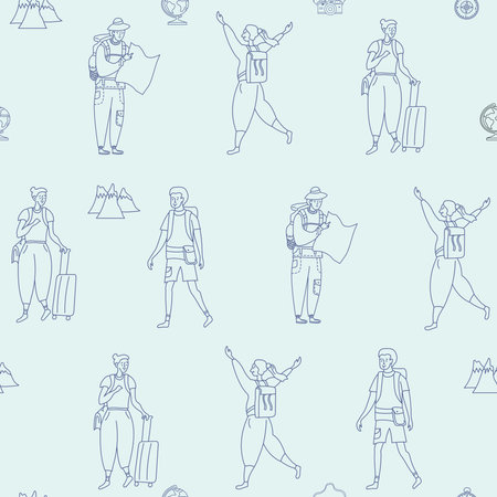 Seamless pattern. Girl and guy are tourists. Mountains, maps, a suitcase on a blue background. Cute packaging, design and print. Vector line illustration.のイラスト素材