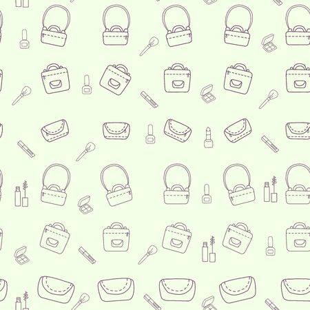 Seamless pattern of beauty and cosmetic icons and female bags. Cosmetic bag and lipstick with nail polish. Vector outline contour. For design and packaging, printing and designのイラスト素材