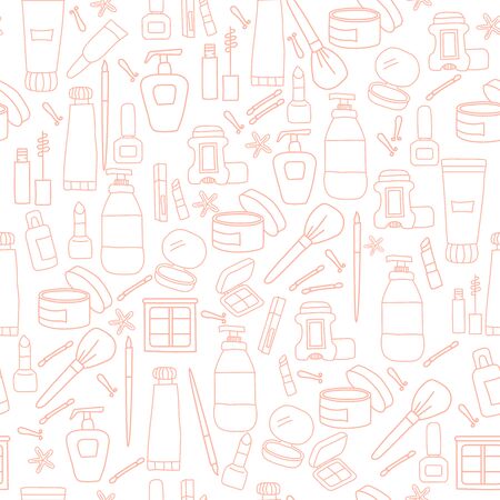 Seamless pattern of beauty and cosmetics icons of pink color. Creams and bottles, tonics. Vector outline illustration. Womens set, packaging, design and decor, print, wallpaperのイラスト素材