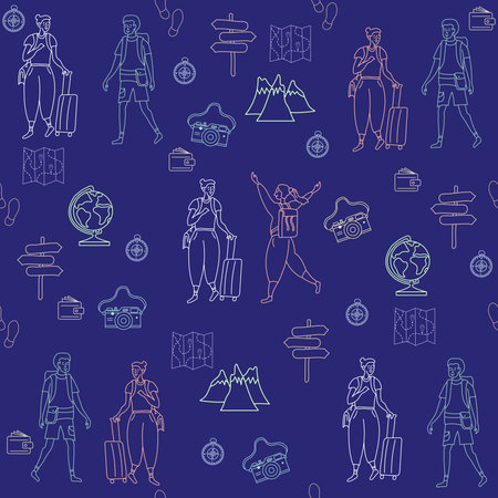 Seamless pattern. girl and guy tourists. Mountains, maps, camera, globe on a blue background. Packaging, design and printing. Vector illustration of colored lines.のイラスト素材