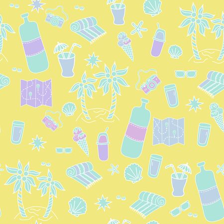 Seamless pattern Yellow background with sea and travel. Cocktail and ice cream, glasses, island with palm trees, a beach towel, stars and a map. Bright packaging, design and printing. Vector seamless line pattern.のイラスト素材