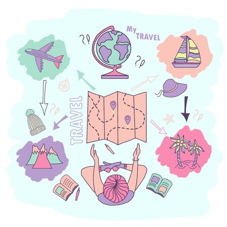 Vacation planning girls. Vacation Dreams. A girl sits and looks at a map, near her travel pictures - mountains, an island with palm trees and transport - an airplane and a ship, a hat and a globe. Color vector illustration.のイラスト素材