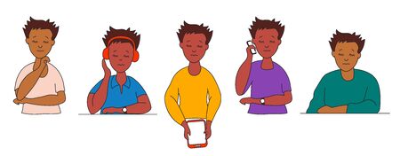 Set of cute men of different ethnicities in bright clothes. Various hand gestures. Young man with a phone, headphones and tablet. Asians and with dark skin with eyes closed. Vector drawingのイラスト素材