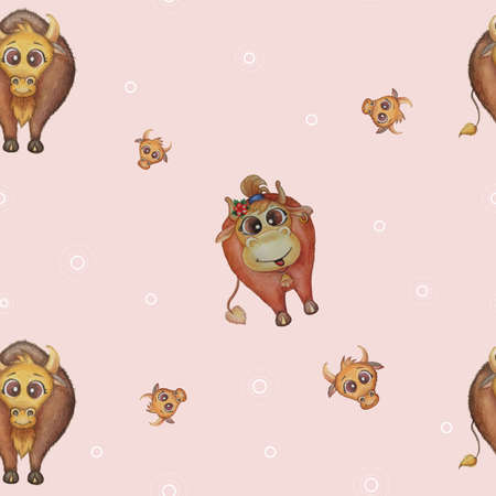 Seamless pattern. Domestic horned animals - brown bull and cow. Cute watercolor illustration on a light pink background. 2021 year of the bull. Suitable for decoration, packaging and printing.の写真素材
