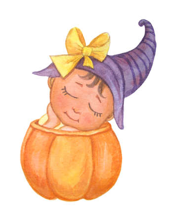 Halloween Watercolor illustration of a cute little baby who is sitting with his eyes closed in a pumpkin. A child celebrates Halloween. Isolated on a white background.の写真素材