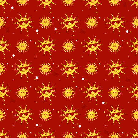 Seamless pattern. Cute yellow sun in sunglasses smiling. Cute little sun with eyes. Red background. Vector illustration for design, decor, packaging, printing, wallpaper, textile, summer illustration.のイラスト素材