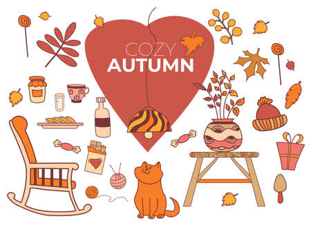 Cozy autumn. Set of colored vector autumn drawings. Cute ginger cat, colorful leaves, mushrooms, candies, chocolates and dishes. Elements of autumn decor. Vector illustrationのイラスト素材