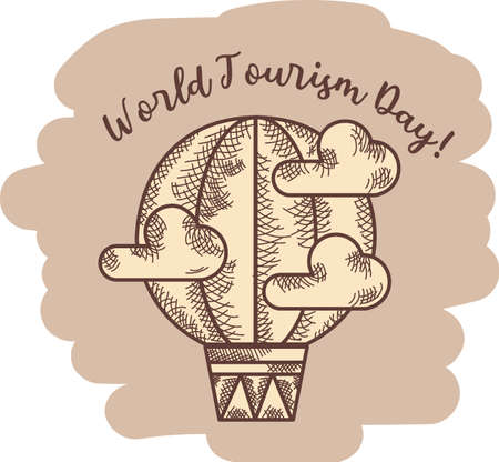 World Tourism Day. Balloon and text congratulations on the holiday of tourism. Hand drawing, stroke and line, vintage vector illustration.のイラスト素材