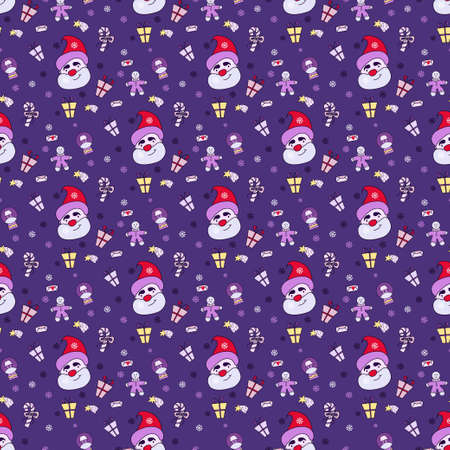 Pattern new year 2021. seamless pattern with Santa Claus, and Christmas drawings - a star and gifts, a gingerbread man and a house in a ball on a blue background. New Year design, packaging. Vectorのイラスト素材