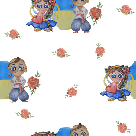 Seamless pattern of boy with a rose and a girl with a heart.の写真素材