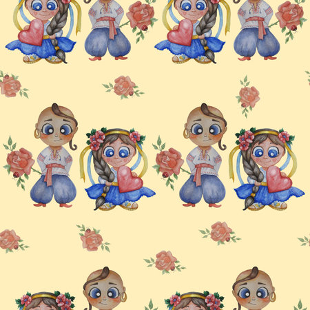 Seamless pattern. Cute watercolor illustrations. Ukrainian boy with a rose and a girl with a heart in their hands in national clothes. Colorful folk drawing. Qualitative illustrationの写真素材