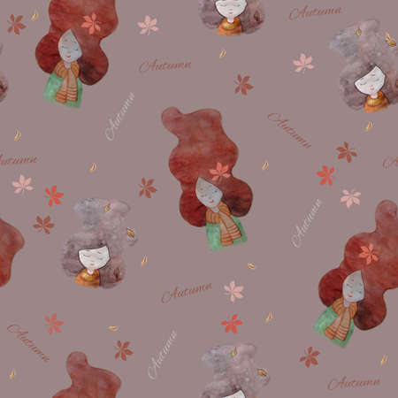 Seamless pattern. Autumn girl. Watercolor hand drawing. girl with closed eyes and autumn leaves in her hair on a lilac background And the text is autumn. Autumn design conceptの写真素材