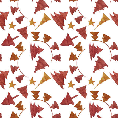 new year s elements. pattern, decorative elements for Christmas. Decorations and stars, garlands and yellow-red Christmas trees on a white background. Watercolor. For decoration and designの写真素材