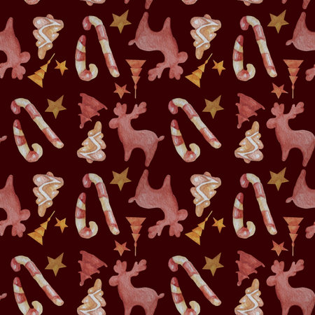 Seamless pattern with Christmas decorative patterns - Christmas trees, stars, deer, gingerbread and striped caramel on a dark burgundy background. Watercolor. For Christmas design and decorの写真素材